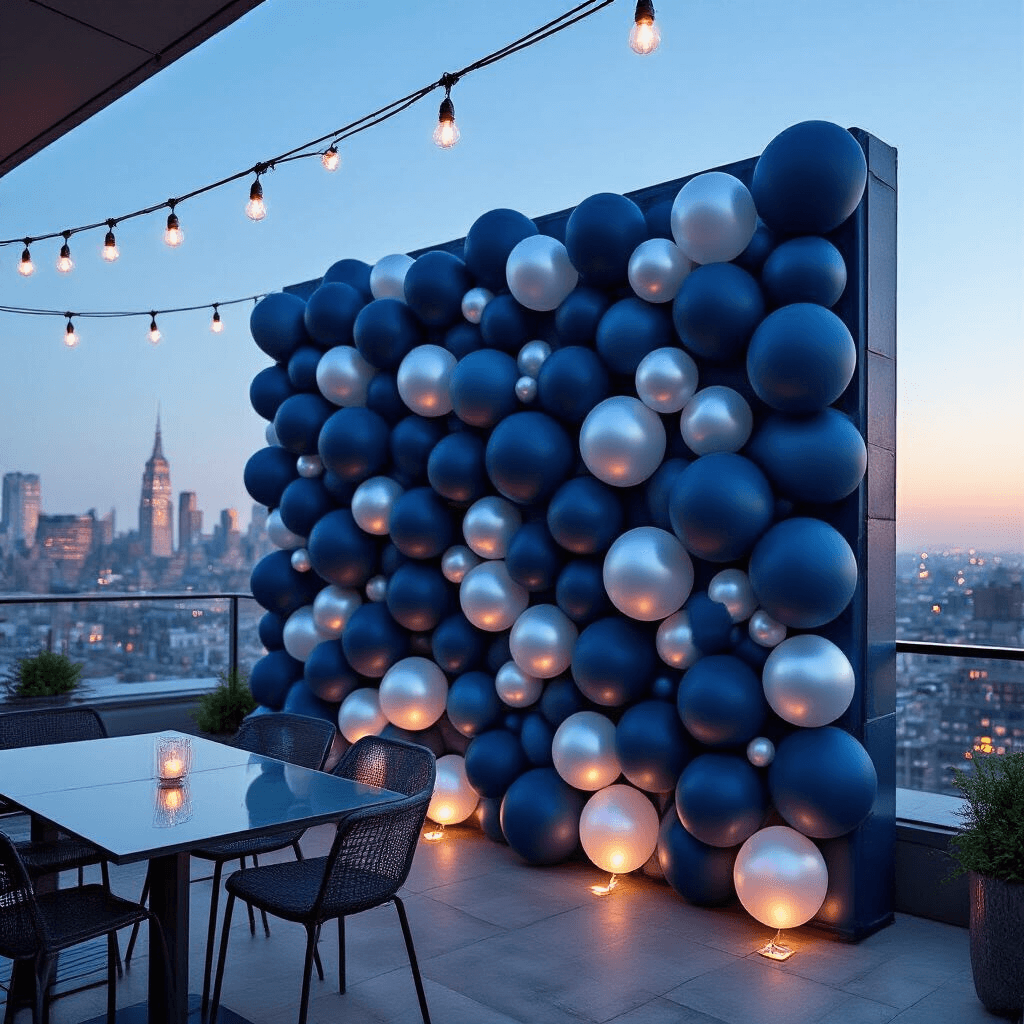 Close-up shot of a modern rooftop terrace featuring a geometric balloon wall in navy to pale blue gradient, accented with pearl grey. The scene is illuminated with hidden LED lights, showcasing sleek glass tables and metal chairs against a city skyline at blue hour, with fairy lights overhead and organic silver silk ribbons adding visual depth.