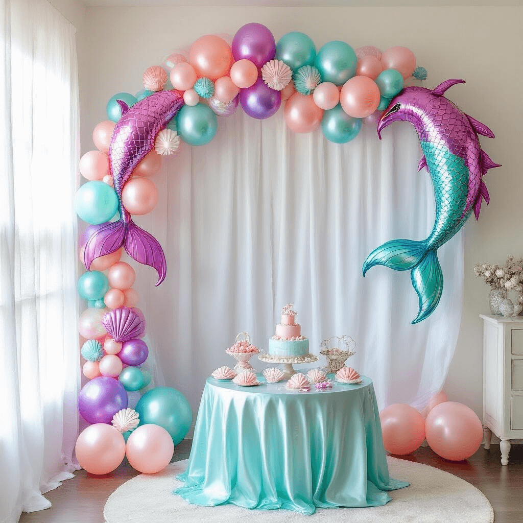 A whimsical birthday party setup in a bright living room featuring a large mermaid balloon garland in pink, purple, and turquoise, soft morning light filtering through sheer curtains, and a round aqua silk table decorated with seashell balloon weights and tissue paper coral, creating an enchanting underwater atmosphere.