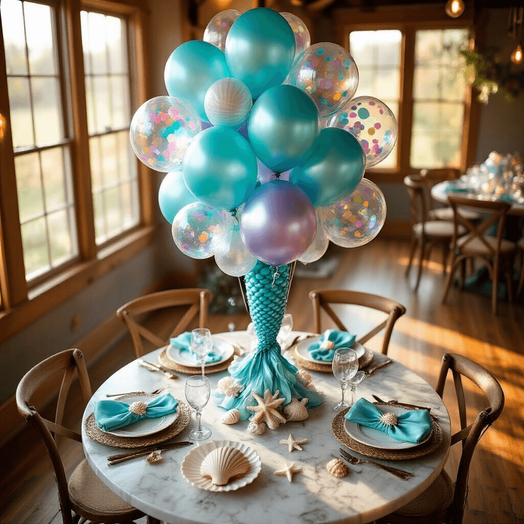 An intimate mermaid-themed celebration setup in a cozy dining nook, featuring mermaid tail foil balloons, bubble balloons with confetti, and elegant table decor in ocean hues, all illuminated by soft golden hour light.