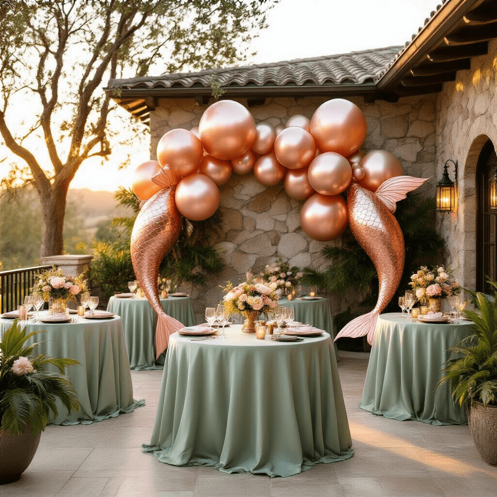 A sophisticated outdoor mermaid party setup on a covered patio during golden hour, featuring rose gold and pearl foil balloons, round tables with sage green linens, coordinating balloon bouquets, and warm sunset lighting creating a romantic atmosphere against natural stone walls and lush greenery.