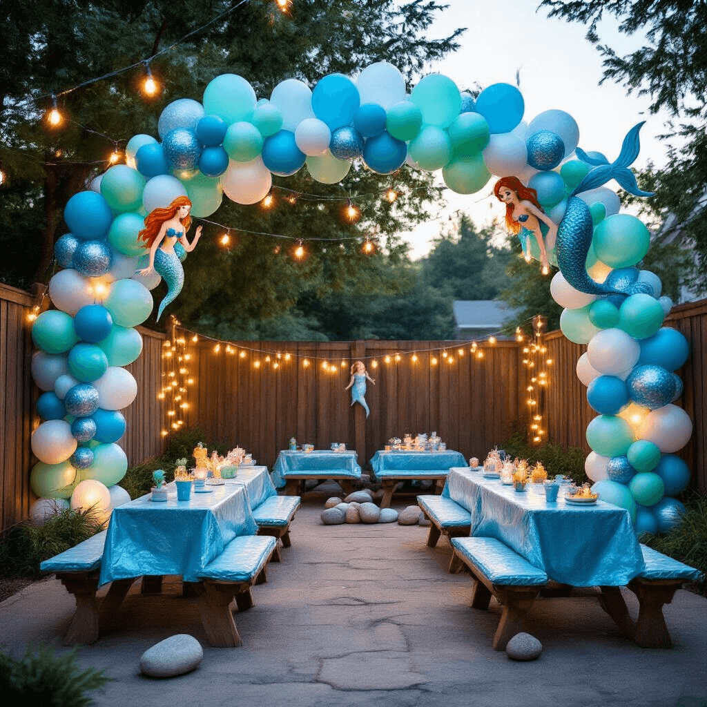 A whimsical backyard mermaid birthday party at twilight, featuring a colorful DIY balloon installation, picnic-style low tables with waterproof tablecloths, and cozy floor cushions, all illuminated by fairy lights and creating a magical, underwater grotto atmosphere.