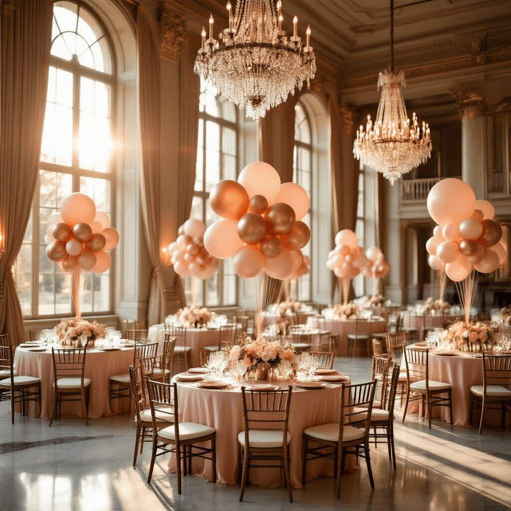 A luxurious indoor ballroom decorated for a birthday celebration, featuring blush pink silk tablecloths, towering balloon centerpieces, and elegant place settings, all illuminated by warm golden hour sunlight streaming through tall windows.