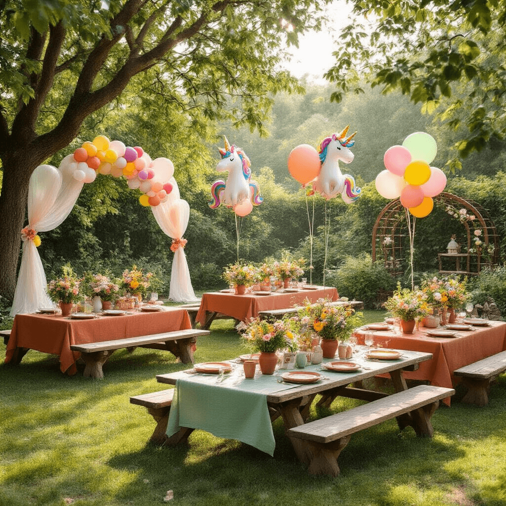 A whimsical garden birthday party setup with low picnic tables covered in terracotta and sage green linens, adorned with character foil balloon bouquets, rustic wooden centerpieces of wildflowers, colorful latex balloon arches, ceramic plates, vintage glassware, DIY balloon garlands, and pastel balloon clusters, all captured in soft morning light.