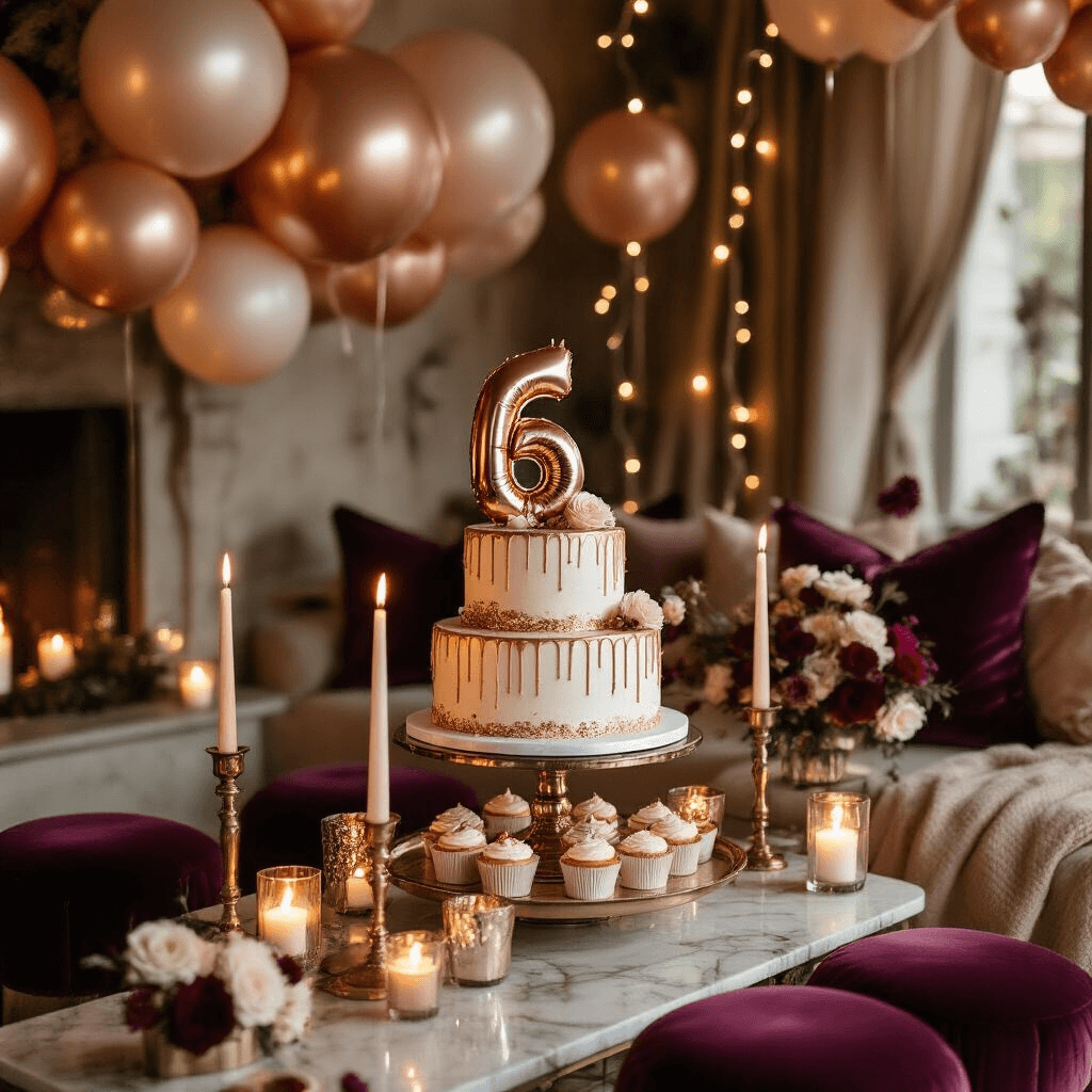 A close-up detail of an intimate candlelit birthday celebration featuring a tiered cake on a silk-draped dessert cart, rose gold foil balloons, flickering candles, and rich jewel-toned cushions, all illuminated by soft candlelight and fairy lights.