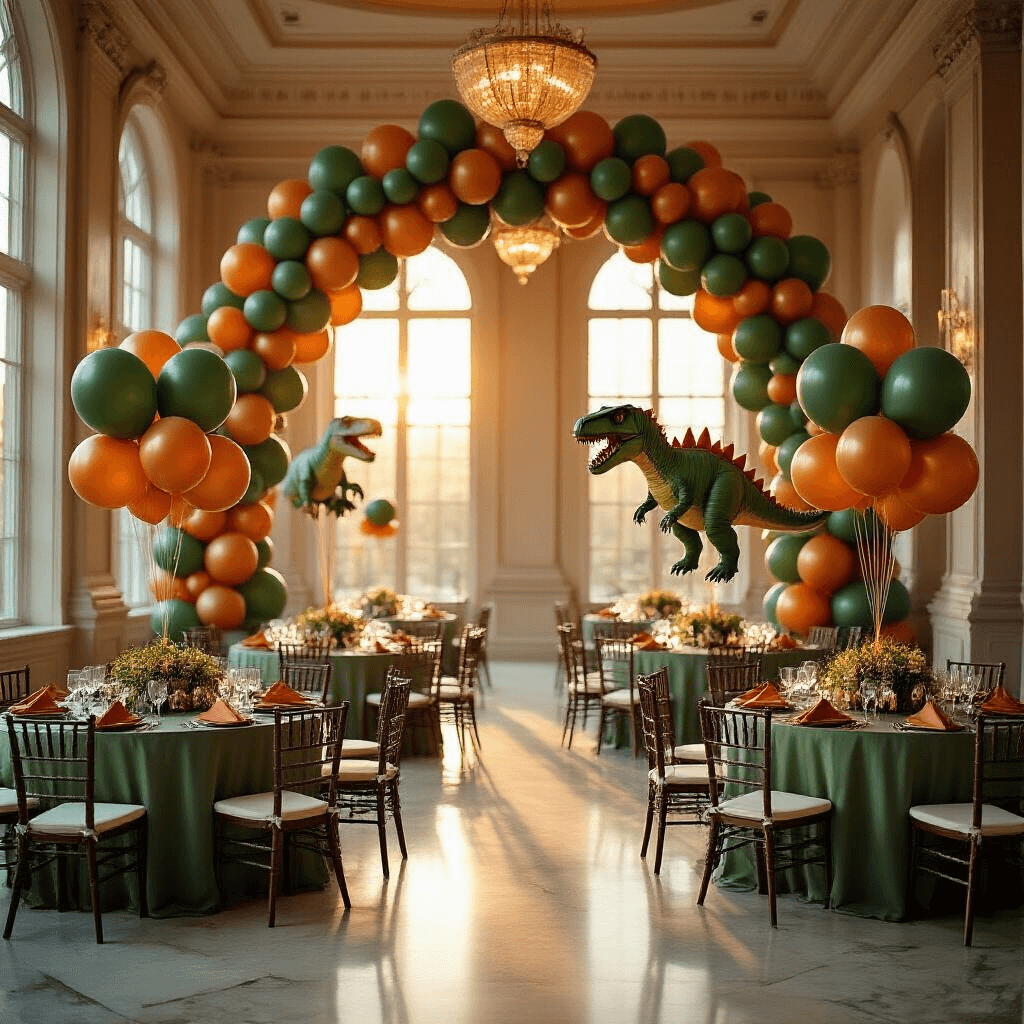 A whimsical indoor ballroom transformed into a prehistoric wonderland, featuring round tables with sage green linens, towering dinosaur balloons, and a colorful balloon arch, all bathed in warm golden light.