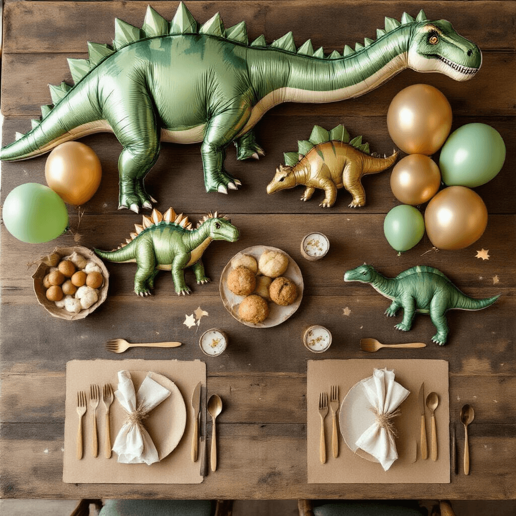 Overhead view of a dinosaur-themed children's party table set in soft morning light, featuring foil dinosaur balloons, coordinating latex balloons, kraft paper place mats, wooden utensils, ceramic plates, and natural centerpieces of eucalyptus and succulents on a rustic wood table.