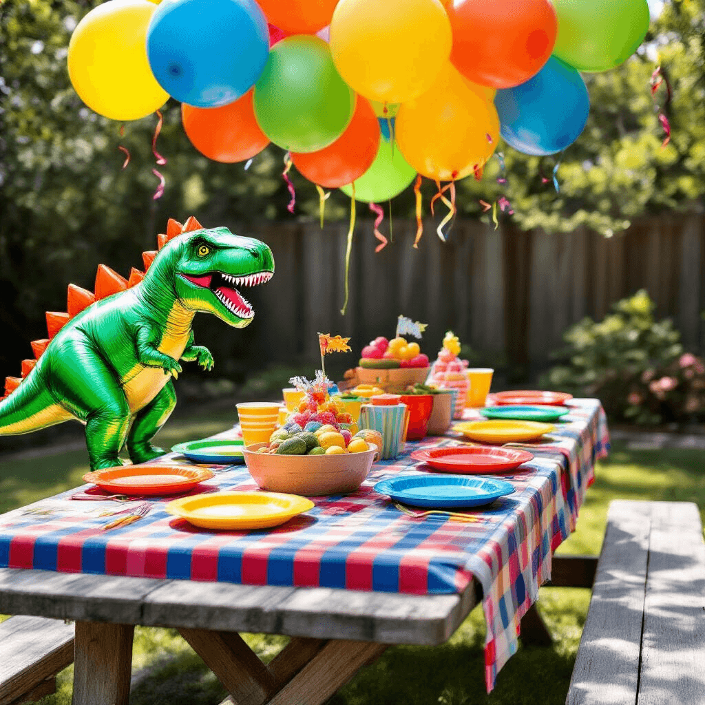 A vibrant backyard party setup featuring a weathered wooden picnic table with a red and blue checkered tablecloth, adorned with colorful dinosaur balloons, bold melamine plates, striped cups, and sunflower centerpieces, all illuminated by midday sunlight.
