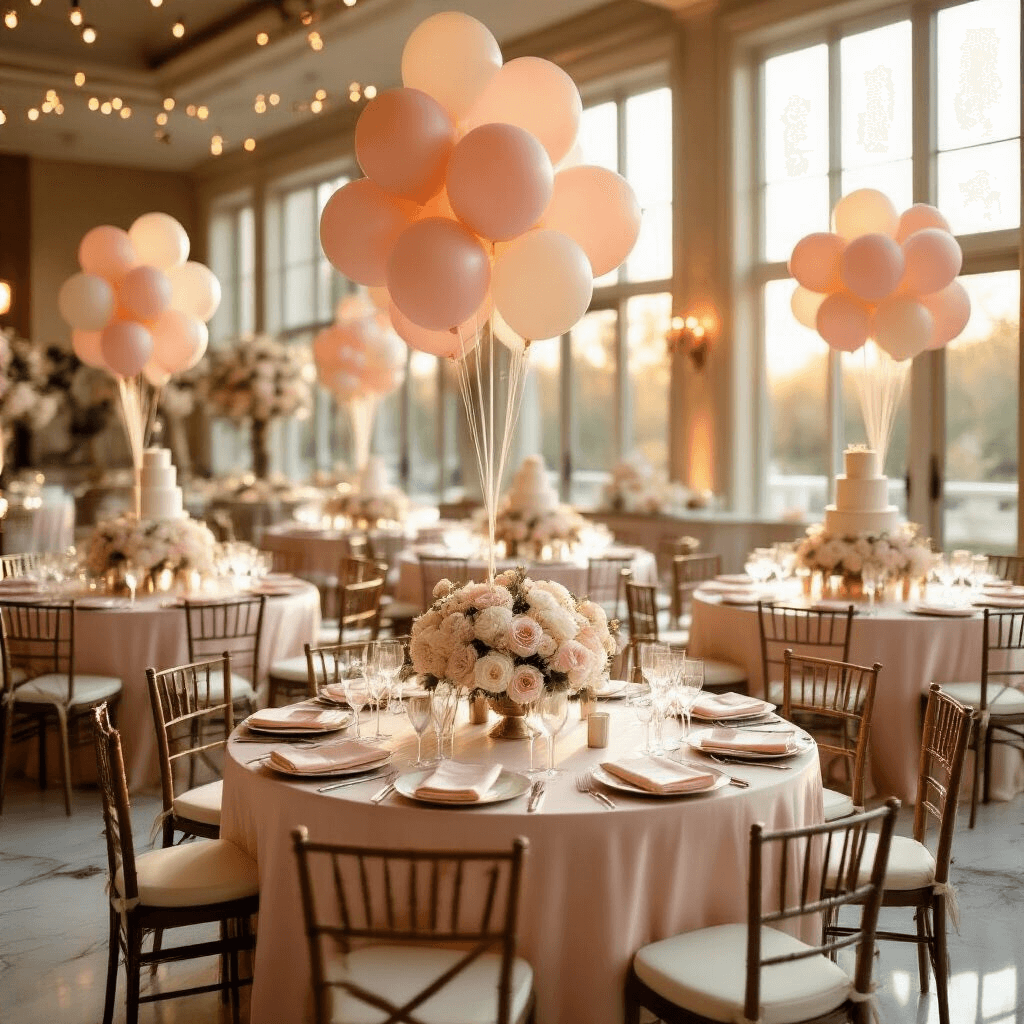 Elegant indoor ballroom birthday party setup during golden hour with blush pink linens, balloon centerpieces, and soft sunlight on marble floors, featuring a dessert table with cake displays, floral arrangements, and twinkling fairy lights.