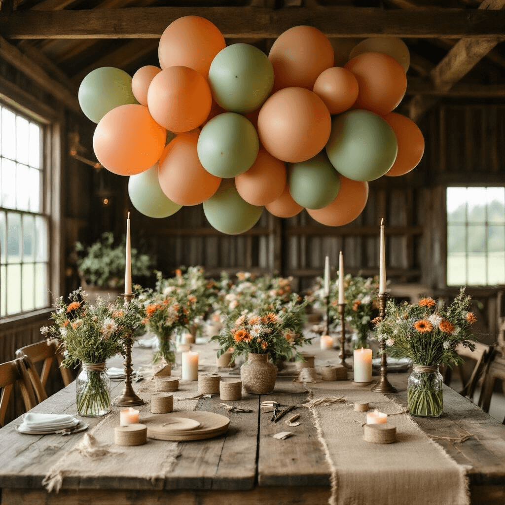 Overhead view of a rustic barn party setup, featuring balloon clusters in terracotta and sage green on weathered wood tables, mason jars with wildflowers as centerpieces, and burlap table runners, all illuminated by soft morning light filtering through barn windows.