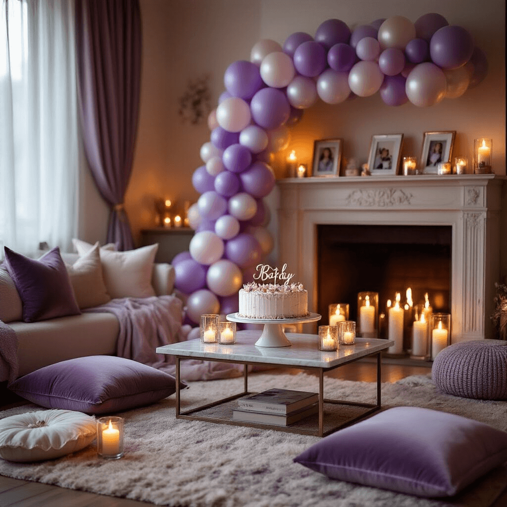 Close-up of a cozy living room birthday setup, featuring a lavender and silver balloon garland along a mantelpiece, velvet cushions on the floor, a birthday cake on a marble stand, warm candlelight casting soft shadows, and personalized decor, creating an intimate celebration atmosphere.