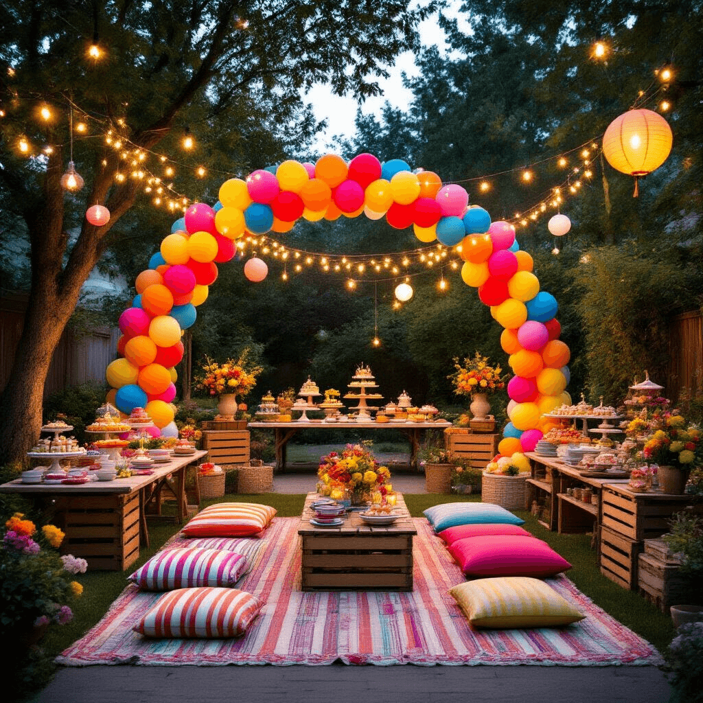 A vibrant backyard garden party at night, featuring a colorful balloon arch, picnic-style tables with striped linens, floor cushions, string lights overhead, dessert cart stations with balloons and streamers, ceramic serving pieces on wooden crates, fresh flowers, paper lanterns, and custom party favors, all illuminated by a warm fairy light glow.