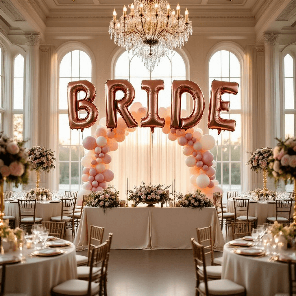 A luxurious indoor ballroom during golden hour, featuring rose gold letter balloons spelling 'BRIDE', ornate gift table, crystal chandeliers, blush pink floral centerpieces, ivory china place settings, and a colorful balloon garland, illuminated by soft natural light.