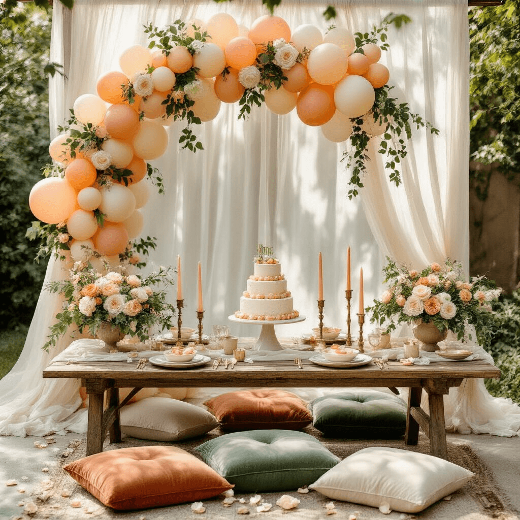 An overhead flat lay of a bridal shower garden setup featuring a low picnic-style table with sage green velvet and terracotta linen cushions, an organic balloon arch with peach, cream, soft yellow, and ivory balloons, a three-tiered cake on marble platters, gold balloon weights, ceramic dinnerware, brass candlesticks, scattered rose petals, and sheer ivory drapery filtering sunlight through mature trees.