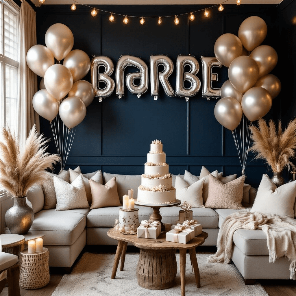 A cozy living room decorated for a bachelorette celebration, featuring silver letter balloons on deep navy walls, a tiered birthday cake display on vintage stands, clusters of metallic balloons, warm lighting from string lights and pillar candles, plush throw pillows in cream and blush, a personalized gift table with wrapped presents, layered textiles, ceramic vases with dried pampas grass, and elegant balloon ribbon trails.