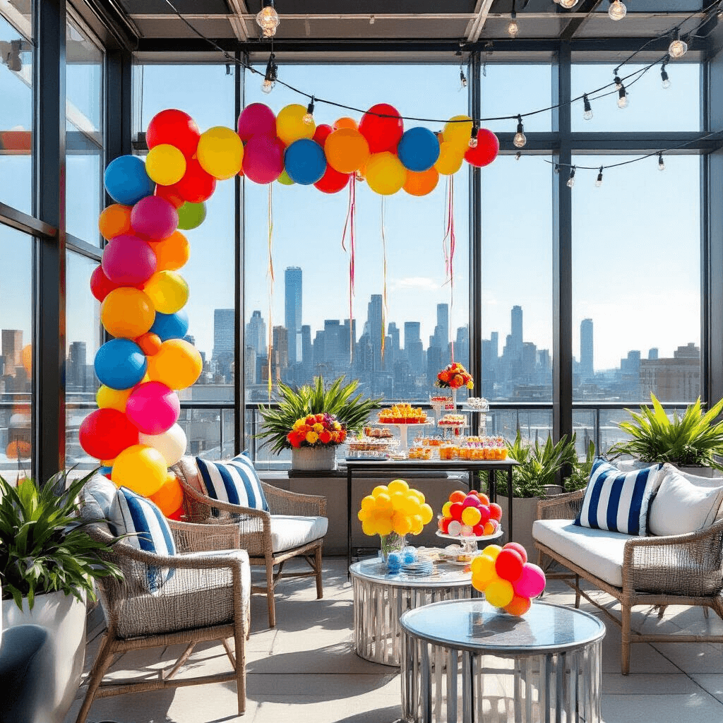 A vibrant rooftop terrace setup featuring a whimsical balloon garland in primary colors, contemporary outdoor furniture with navy and white striped cushions, a colorful dessert cart, round cocktail tables with balloon bouquets, urban skyline backdrop, string lights, tropical plants, and a photo zone with balloon letter displays.