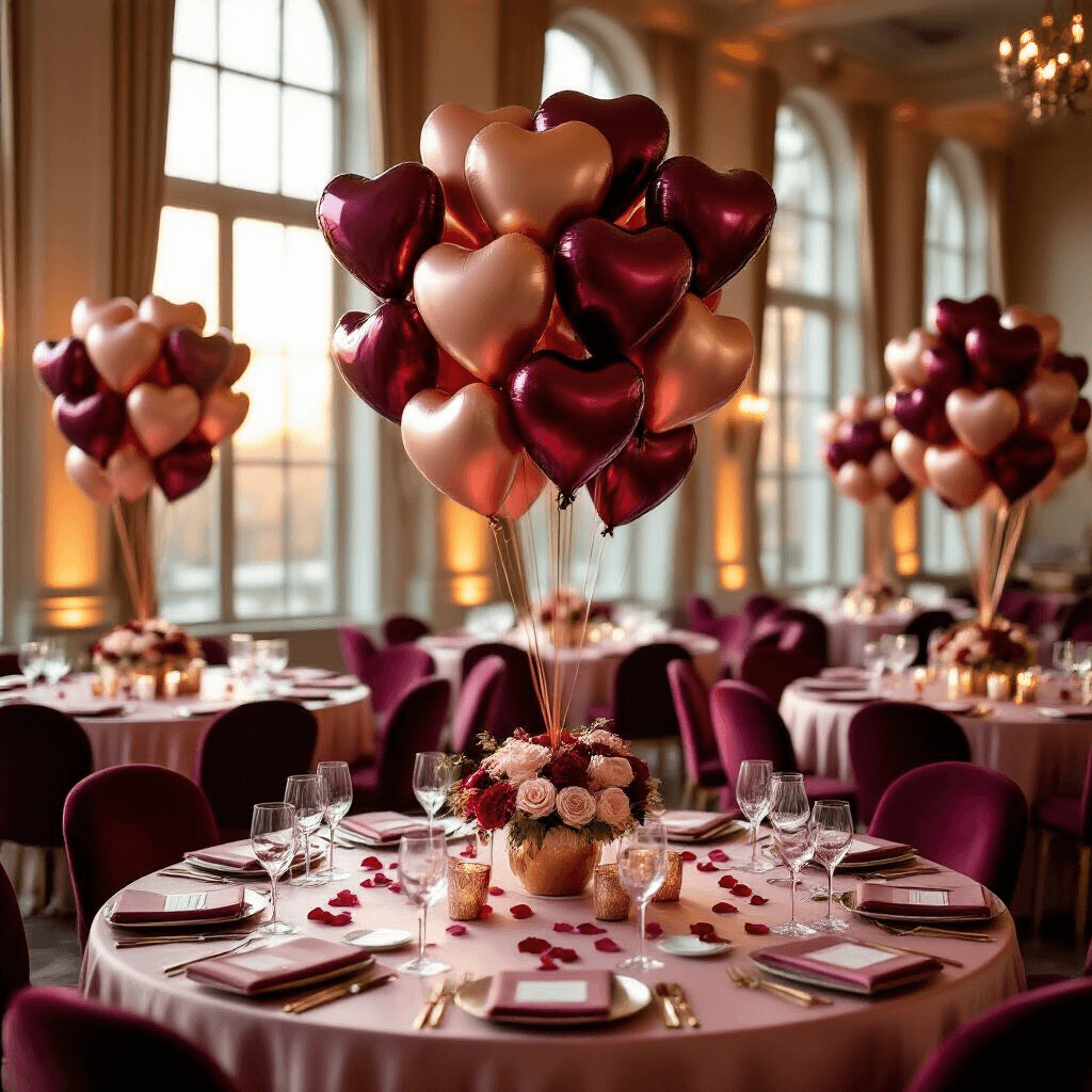Elegant Valentine's Day ballroom with round tables featuring heart-shaped balloon bouquets in burgundy and rose gold, illuminated by golden hour light, silk blush pink linens, marble floors, and luxurious deep red velvet chair cushions, creating a romantic atmosphere with scattered rose petals and personalized place cards.