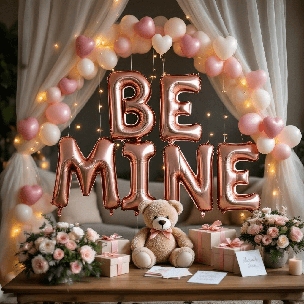 Intimate close-up of a 'BE MINE' balloon arrangement in rose gold foil against sheer drapery, adorned with fairy lights and surrounded by a teddy bear, gift boxes, and fresh florals in a cozy living room ambiance.