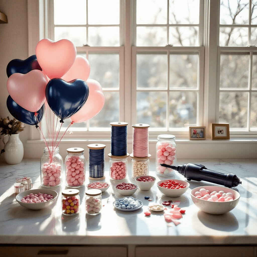 Overhead flat lay of a DIY balloon bouquet assembly station in a modern apartment, featuring navy and blush heart balloons, curling ribbons, decorative mason jars with candy hearts, an electric balloon pump, and arranged accessories on a marble countertop, illuminated by soft morning light.