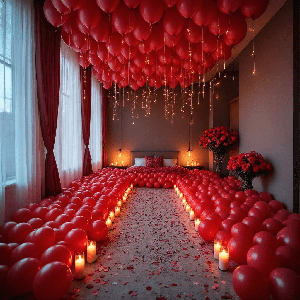 A romantic bedroom filled with hundreds of red balloons, lit by moody evening lighting and candles, featuring a clear pathway to a photo area, fairy lights, and confetti-filled balloons, with sheer curtains framing tall windows.