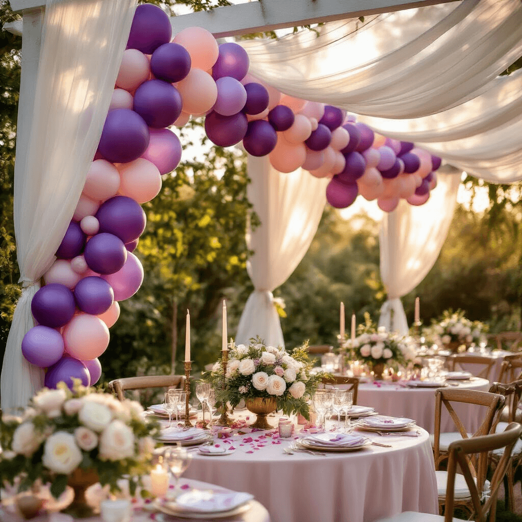 A picturesque garden party bridal shower with a white pergola adorned in lavender balloon garlands, blush silk table linens, low floral centerpieces, vintage brass candlesticks, and soft sunlight creating a dreamy atmosphere on a wooden deck.