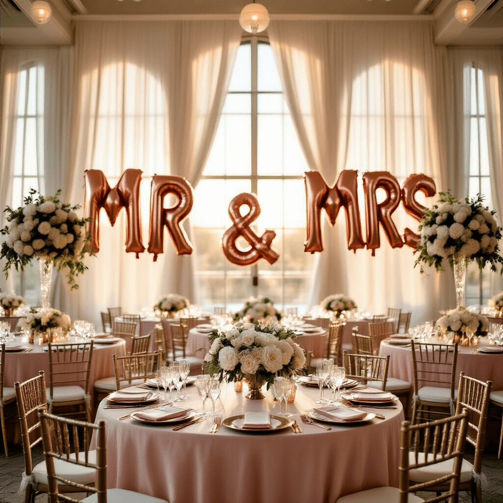Wide-angle shot of a luxurious ballroom at golden hour, featuring large rose gold letter balloons saying 'MR & MRS', ivory silk drapery, blush pink table linens, elegant floral centerpieces, and soft sunlight creating a warm ambiance.