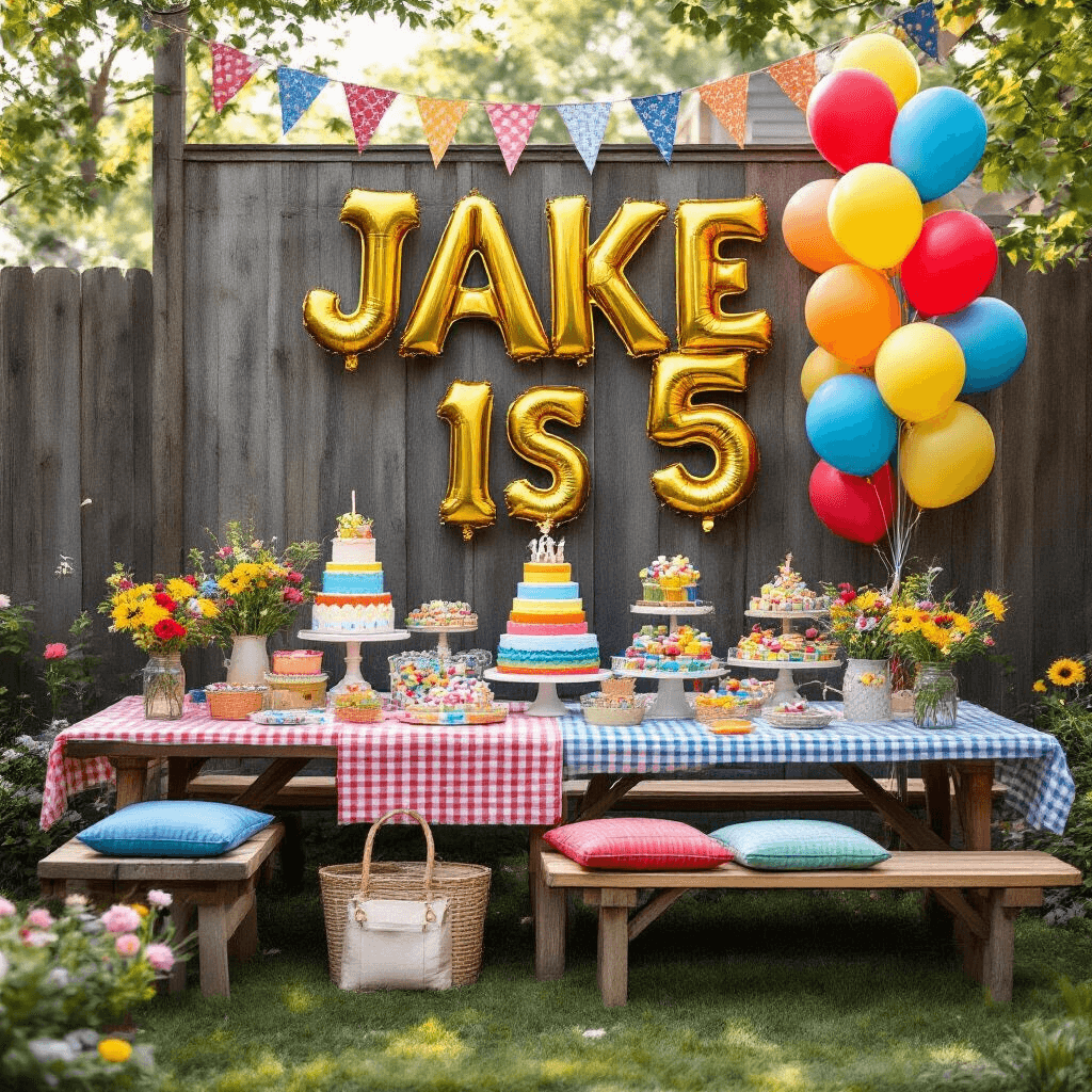 Close-up of a whimsical backyard birthday celebration for a five-year-old, featuring vibrant gold letter balloons spelling 'JAKE IS 5' on a rustic fence, colorful picnic tables with tiered rainbow cakes, primary color balloons, personalized party favors, bright cushioned benches, DIY bunting, wildflower centerpieces, and candy stations in apothecary jars, all bathed in soft morning light.