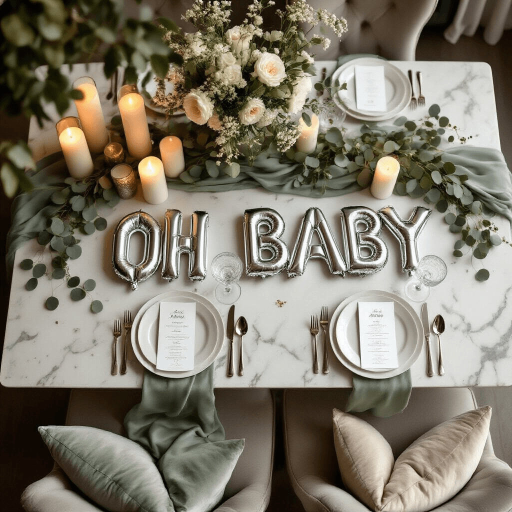 Overhead flat lay of an intimate candlelit dining nook featuring silver 'OH BABY' balloons, a marble countertop with a sage green silk table runner, white ceramic place settings, polished silver flatware, ivory pillar candles, eucalyptus garlands, velvet cushions, and personalized calligraphy menu cards with crystal glasses.