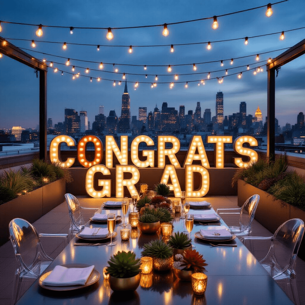 A stylish rooftop terrace at night filled with fairy lights, displaying metallic 'CONGRATS GRAD' letters against a city skyline, modern outdoor furniture with white linens, champagne flutes on mirrored trays, and geometric centerpieces with succulents and gold accents.