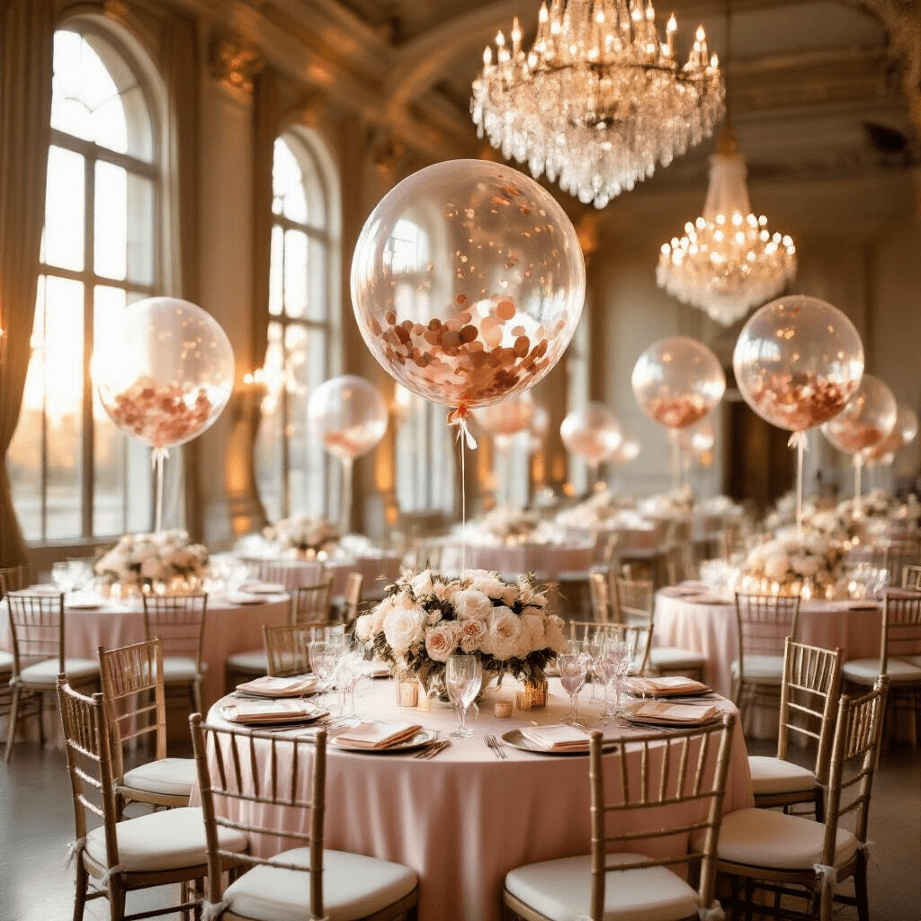 Wide-angle shot of an elegant ballroom during golden hour, featuring crystal chandeliers, round tables with blush pink silk linens, transparent bubble balloons with rose gold confetti, and low floral arrangements of white peonies and eucalyptus, all enhanced by fairy lights and reflective marble floors.