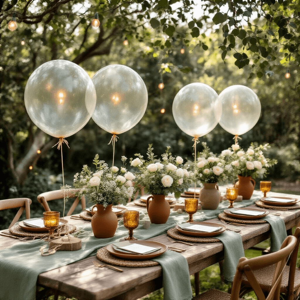 Overhead view of an intimate garden party setup featuring a rustic wooden table with sage green linens, terracotta place settings, transparent balloons filled with dried flowers, vintage brass candles, white roses, LED fairy lights, rattan charger plates, amber glassware, and handwritten place cards, all illuminated by soft morning light.