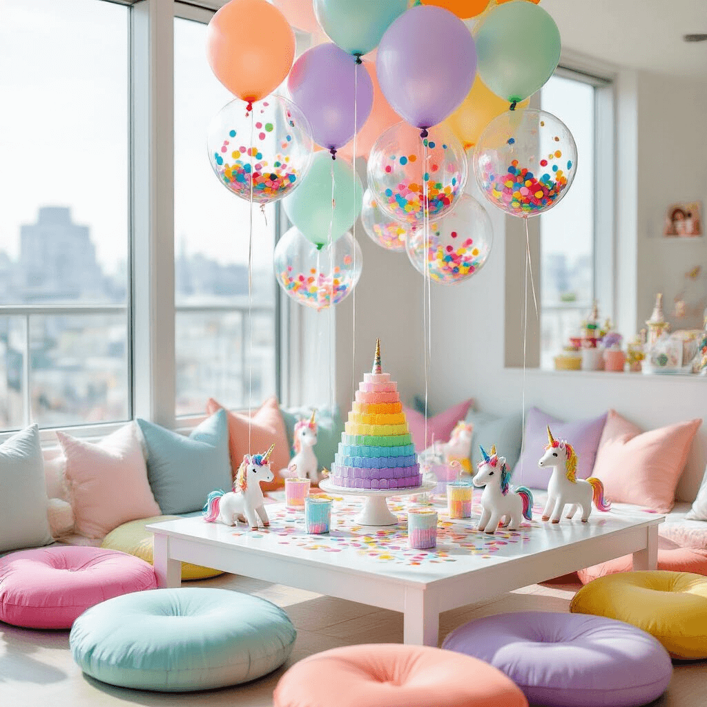 A whimsical children's birthday party corner with a low white table surrounded by colorful cushions, featuring transparent balloons filled with rainbow confetti, miniature unicorns, and a three-tiered rainbow ombre cake, all set in a bright modern apartment with natural sunlight.