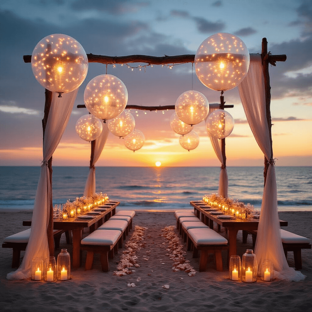 Cinematic wide shot of a romantic beachfront reception at golden hour, featuring driftwood arches with transparent balloons and LED lights, low wooden tables with ivory runners, white cushioned benches, clear balloons with orchids and confetti, hurricane lanterns with candles, rose petals scattered on the sandy beach, and a warm glow from illuminated balloons against a sunset backdrop.