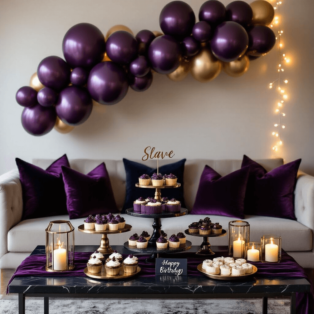 A moody overhead flat lay of a sophisticated adult birthday celebration featuring deep plum and metallic purple balloons, tiered dessert displays on black marble pedestals, rich velvet cushions, silk table runners, ambient lighting with candles and fairy lights, and personalized signage in elegant calligraphy, all set in a modern apartment living room.