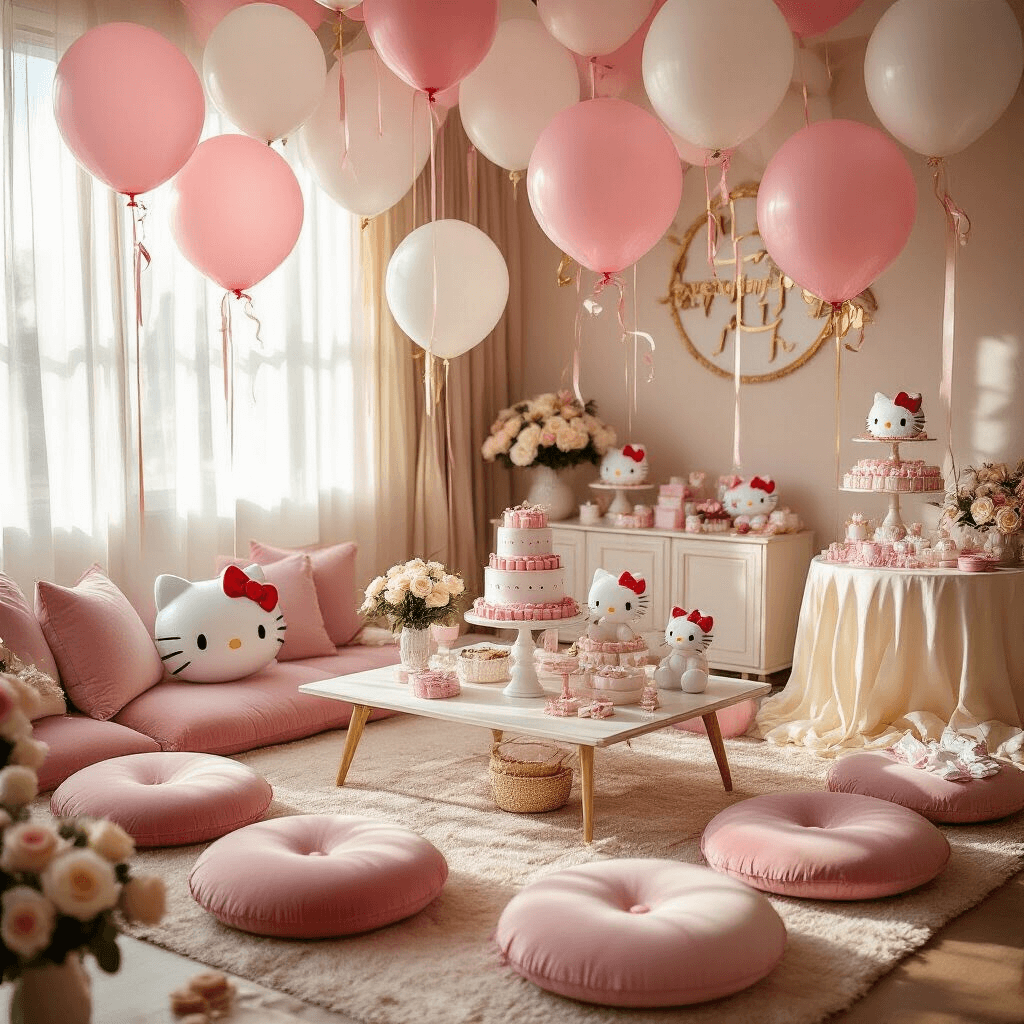 A whimsical living room transformed into a kawaii paradise, featuring oversized Hello Kitty balloons, a tiered birthday cake display, plush velvet floor cushions, and soft golden hour lighting filtering through sheer curtains, creating an intimate and elegant atmosphere.