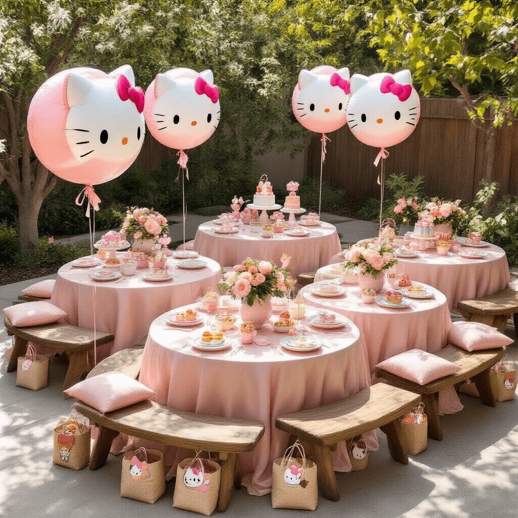 A beautifully arranged backyard party featuring a flat lay of stylish picnic tables draped in blush pink silk linens, adorned with large Hello Kitty balloon centerpieces, rustic wooden benches, and kawaii-themed treats on marble cake stands, all illuminated by soft morning light.