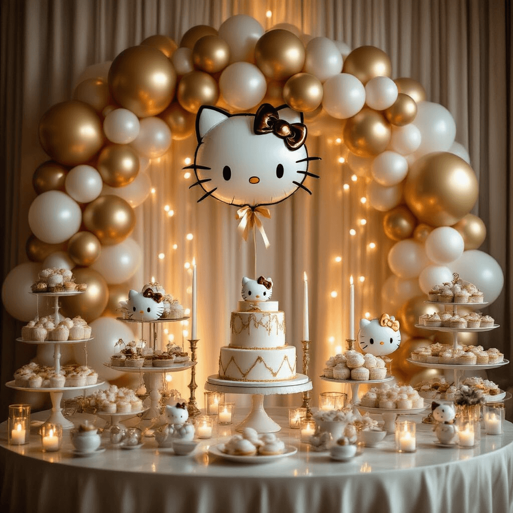 A close-up view of an elegant ballroom corner with a candlelit atmosphere, featuring a Hello Kitty balloon backdrop in gold and ivory, intertwined fairy lights, dessert carts with themed confections, and luxurious decorative details.