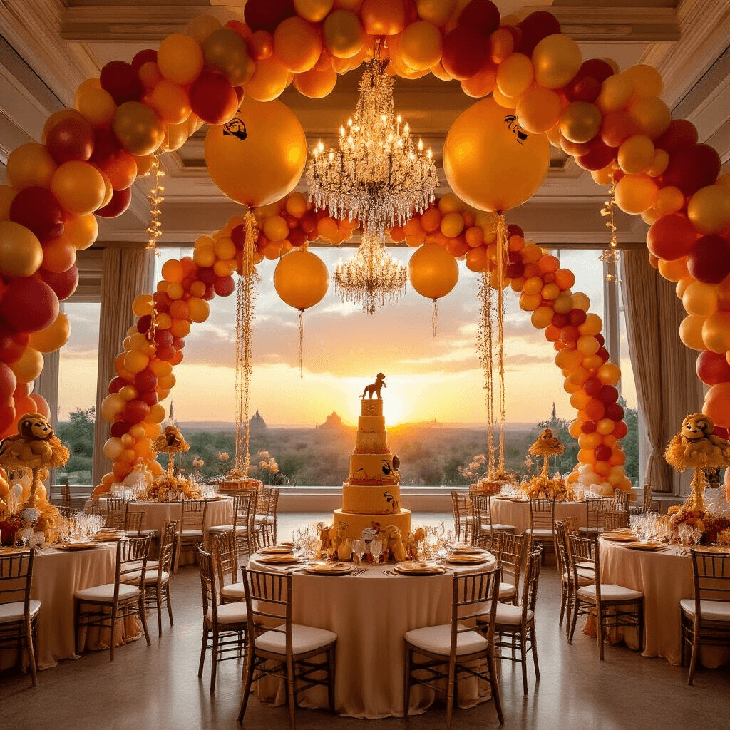 Elegant ballroom decorated for a Lion King-themed celebration, featuring cascading balloon garlands in sunset hues, luxurious table settings with towering Simba balloons, intricate balloon arches, and warm fairy lights creating a magical atmosphere.