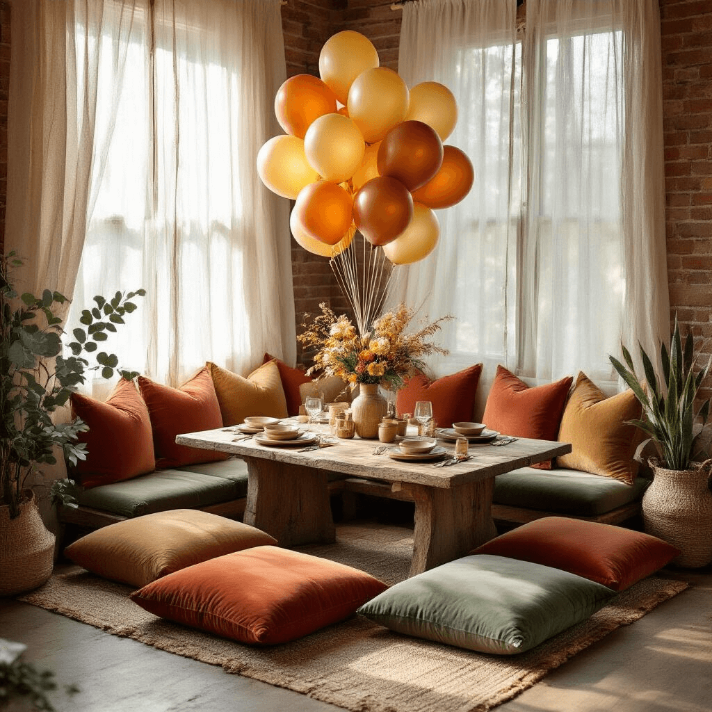 A cozy dining nook with rustic wood table and floor cushions in terracotta and sage, adorned with a vibrant balloon bouquet featuring Lion King mylar and earthy latex balloons, set against soft morning light and layered textiles.