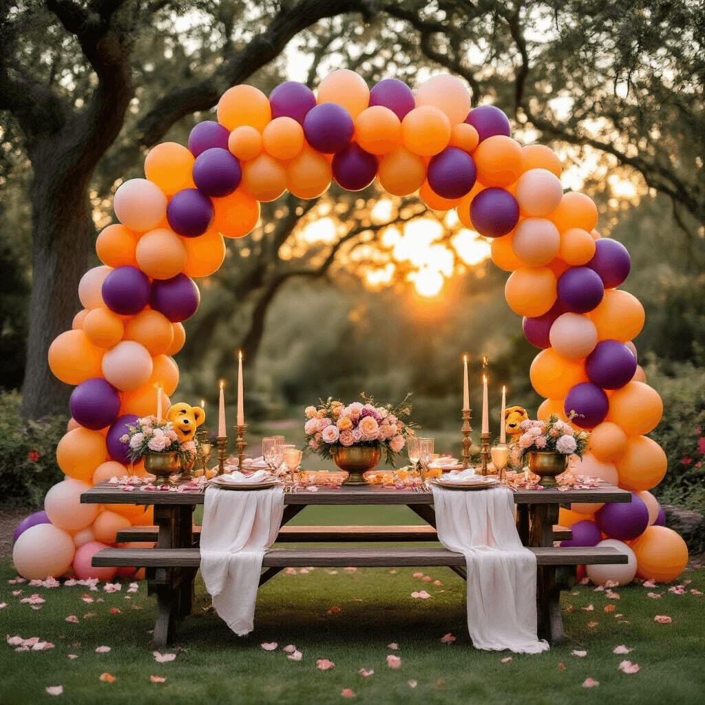 Close-up detail of a whimsical garden party setup with a balloon arch resembling Pride Rock, featuring sunset orange and deep purple balloons, Simba and Nala mylar accents, a rustic wooden picnic table with ivory linen, brass balloon centerpieces, flickering candles, and fairy lights creating a magical ambiance during golden hour.