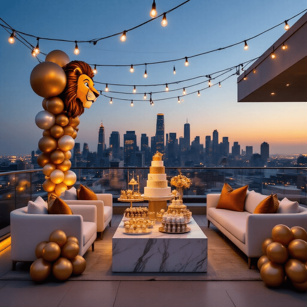 A modern rooftop terrace at twilight is elegantly decorated for a Lion King celebration, featuring a city skyline, metallic balloon garlands, sophisticated seating, and a stunning dessert display, all illuminated by warm Edison lights and LED uplighting.