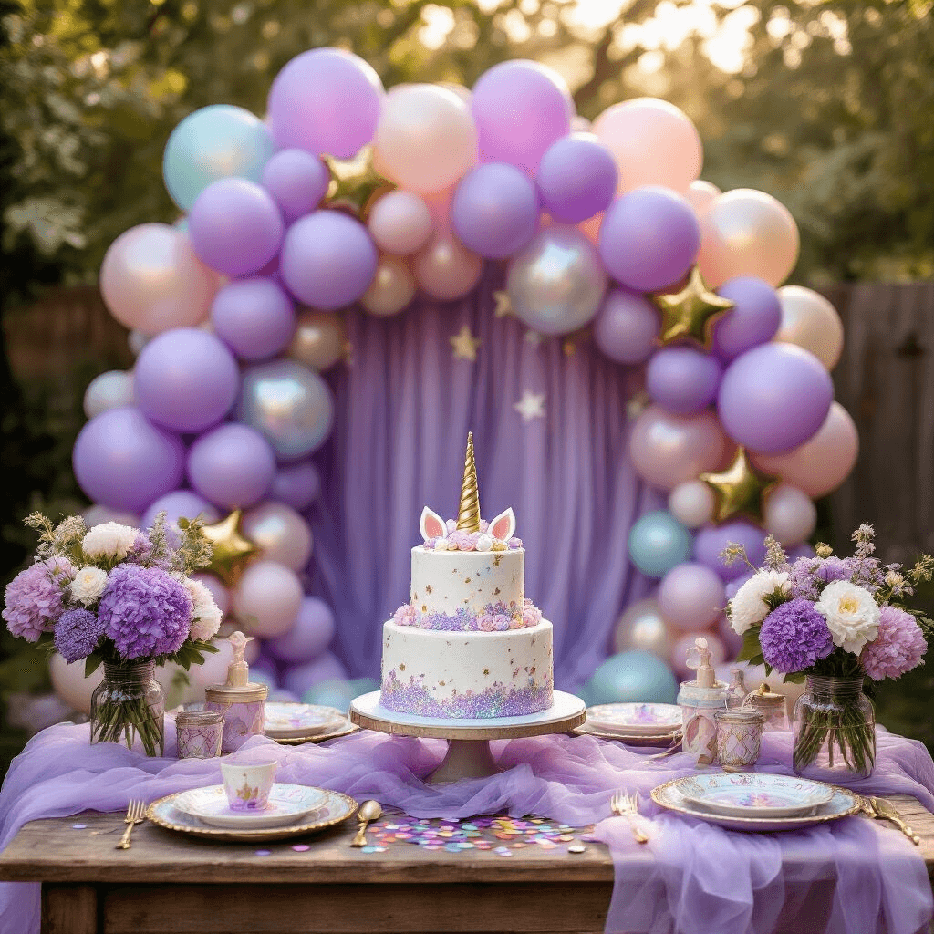 A close-up shot of a whimsical unicorn-themed children's party in a backyard, featuring pastel purple and iridescent foil balloons, a three-tiered glitter-adorned birthday cake, rainbow tulle table linens, a DIY balloon garland in ombre purple, vintage plates with gold rims, scattered metallic confetti, fresh florals in mason jars, and playful elements like glitter-filled balloons and custom rainbow party favors.