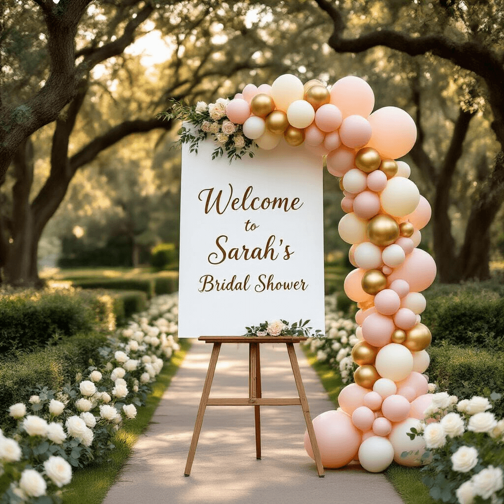 Wide-angle shot of an elegant garden party entrance featuring a sophisticated welcome sign on a wooden easel, adorned with a cascading balloon garland in soft blush pink, champagne gold, and ivory tones, surrounded by white garden roses and eucalyptus on a manicured lawn, illuminated by golden hour sunlight filtering through oak trees, creating a romantic atmosphere with fluttering silk ribbons and twinkling fairy lights.