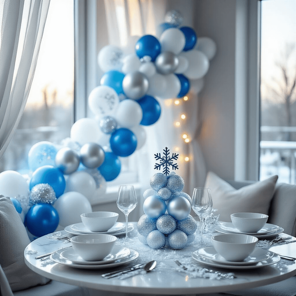 Balloon Decoration Styles That'll Make Your Birthday Party Absolutely Unforgettable A close-up of a modern apartment dining nook adorned with a Frozen-inspired winter wonderland balloon garland in blue, white, and silver. Soft morning light filters through sheer drapery, highlighting a small round table set with elegant white dinnerware, silver cutlery, and crystalline glassware. A balloon tower centerpiece features snowflake-shaped foil balloons, while LED strip lights and scattered artificial snow enhance the cozy winter atmosphere.