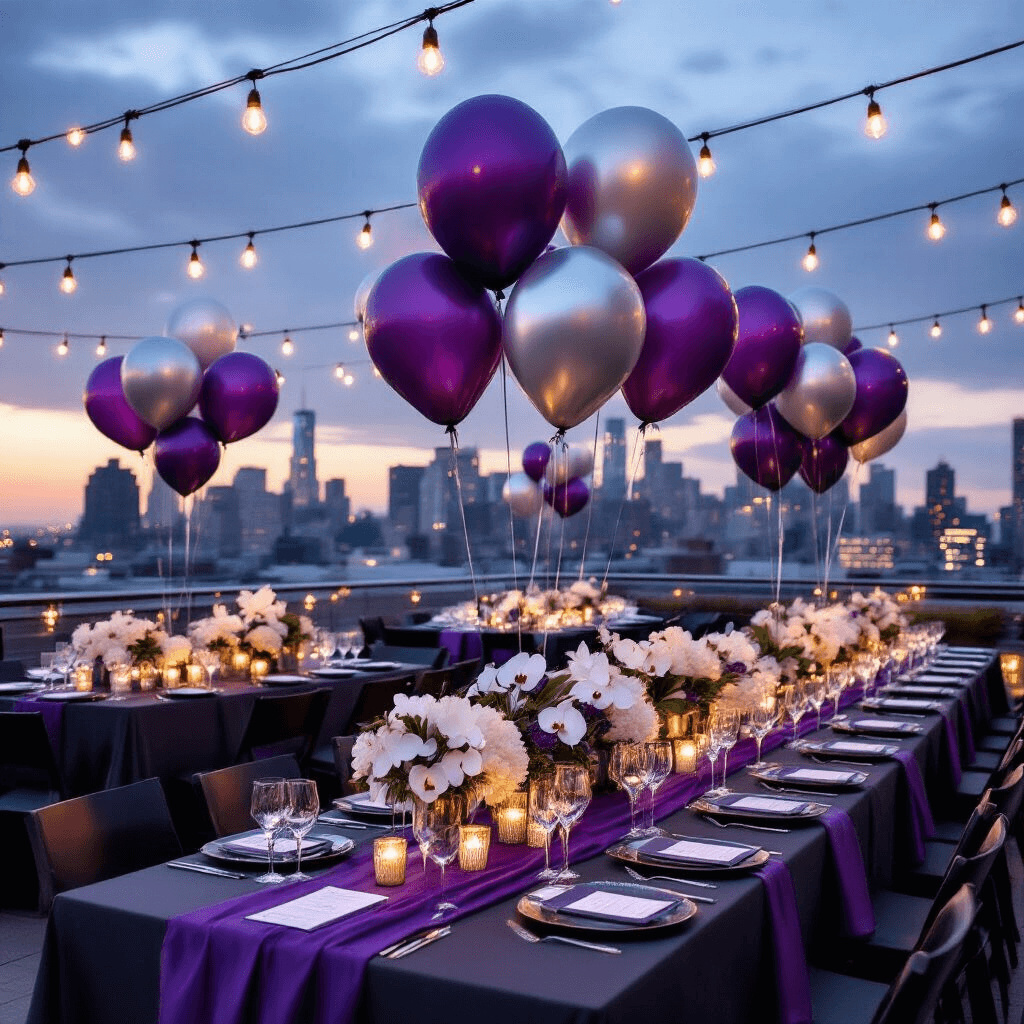 Elegant graduation celebration on a rooftop terrace at night, featuring sophisticated deep violet and silver balloon installations, long tables with charcoal silk linens, elevated centerpieces of metallic purple balloons and white orchids, and a backdrop of an urban skyline enhanced by warm string lights.