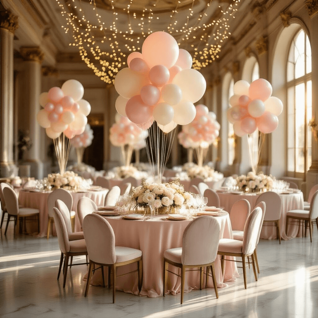 Elegant birthday celebration in a sunlit ballroom with blush pink tables and cream velvet chairs, featuring pastel balloon centerpieces, cascading fairy lights, and luxurious decor.