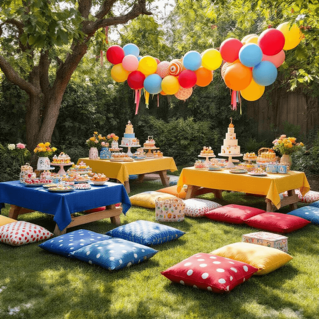 Overhead view of a whimsical children's party setup in a stylish backyard, featuring low picnic tables with vibrant primary-colored linens, oversized floor cushions, clusters of rainbow balloons, tiered birthday cakes on dessert carts, playful polka dot textiles, character-designed ceramic plates, DIY party favor bags, and festive streamers, all bathed in soft morning light with gentle shadows from nearby trees.