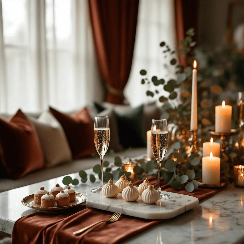 Close-up detail of an intimate candlelit celebration in a cozy living room featuring an elegant dessert spread on a marble countertop, delicate balloon-shaped confections, champagne flutes, warm lighting from pillar candles, and rich textures with deep terracotta, sage green, and metallic gold accents.