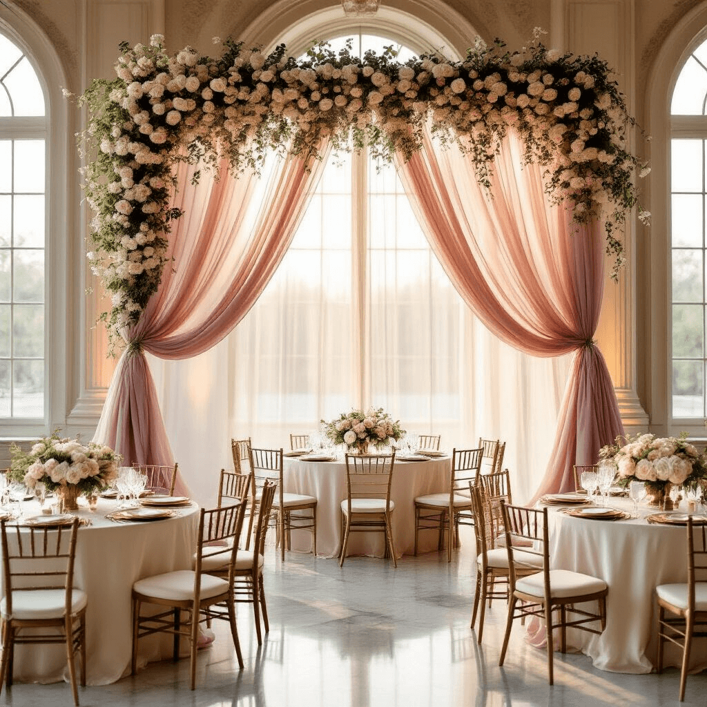 Elegant indoor ballroom with dusty rose chiffon draped over an ornate arch, adorned with wisteria and white roses, illuminated by golden hour sunlight. Round tables with ivory linens and gold charger plates showcase blush peonies and eucalyptus centerpieces in crystal vases, complemented by champagne-toned velvet chiavari chairs and subtle fairy lights for a romantic ambiance.