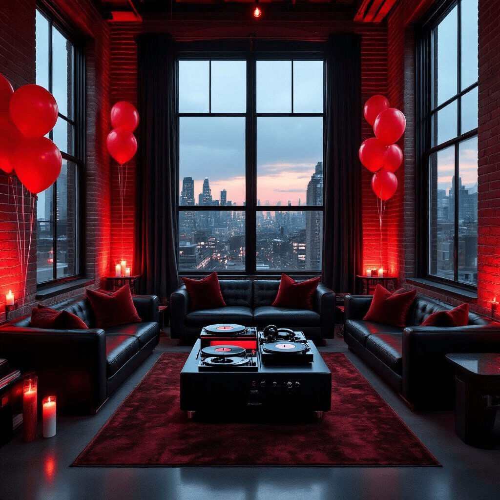 An intimate evening listening party in a modern loft, featuring low black leather seating arranged around a vintage record player with The Weeknd's House of Balloons vinyl, illuminated by deep red LED strips and candlelight, with city lights visible through floor-to-ceiling windows and floating red balloons in the background.