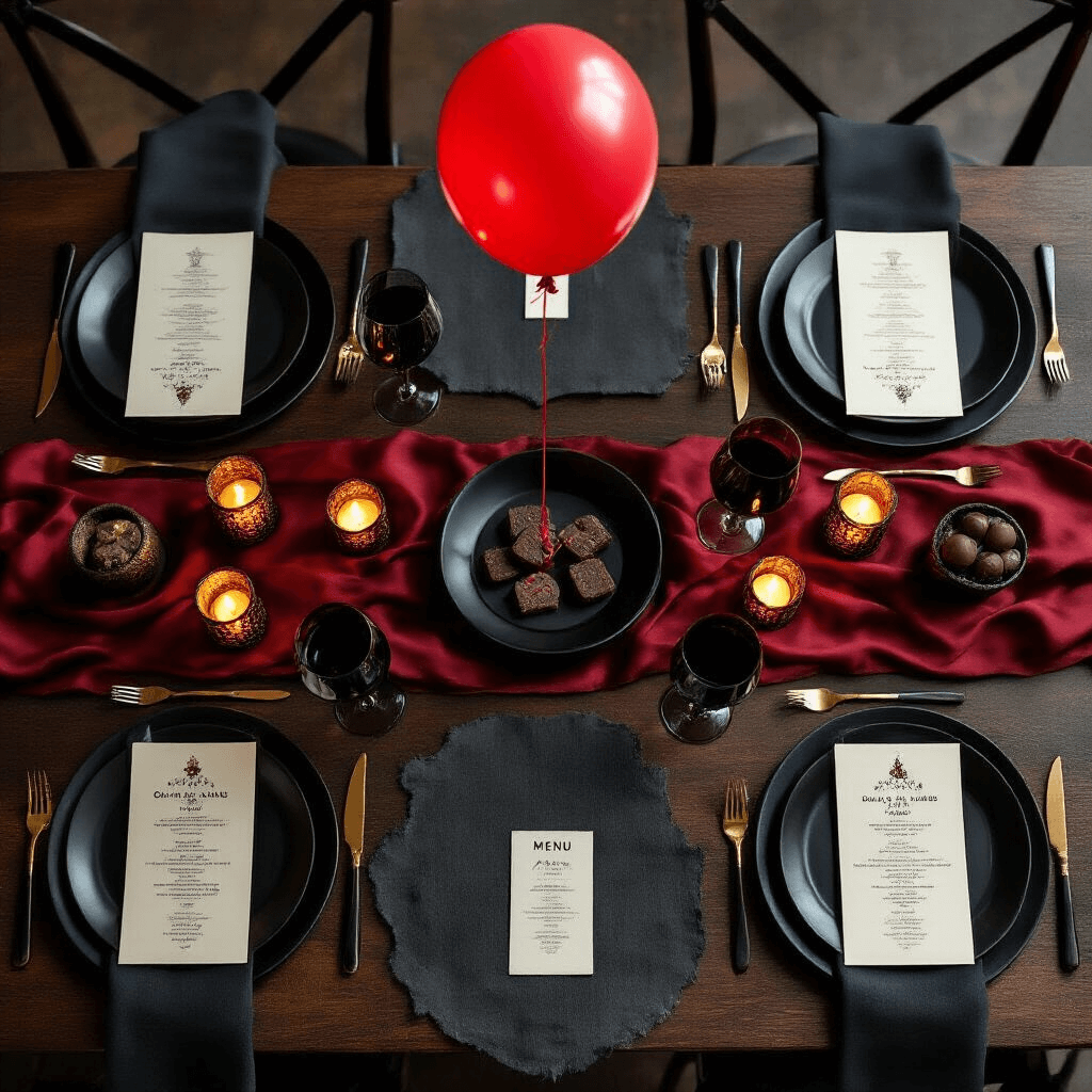 Overhead shot of a sophisticated dinner party setup on a dark walnut table, featuring a centerpiece with a red balloon above black ceramic plates, matte black cutlery, a deep red silk table runner, charcoal linen napkins, and mercury glass votives. Each place setting includes custom menu cards with distressed typography, red wine glasses, artisanal dark chocolate desserts, raw edge black placemats, vintage brass accents, and scattered vinyl records, all illuminated by moody lighting and spotlighting the floating balloon for dramatic effect.